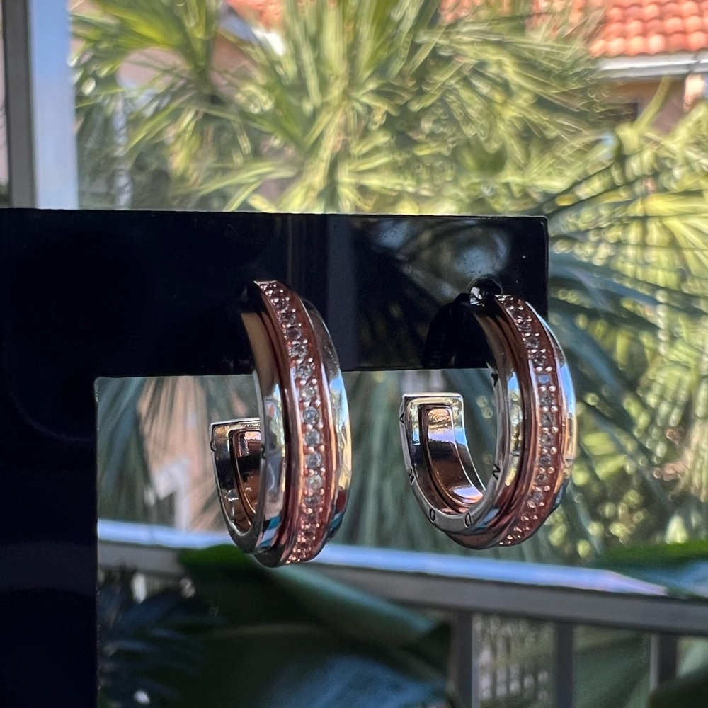 Pandora Logo Two tone & Pavé Hoop Earrings - Picture 10 of 10